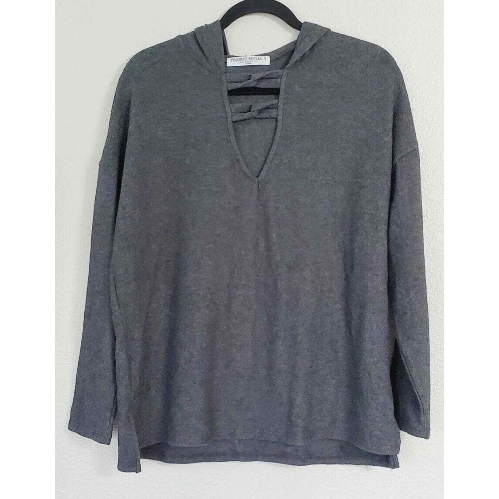 Project Social T Gray Lattice Strappy Hoodie Relaxed Sweatshirt Sz M Lounge